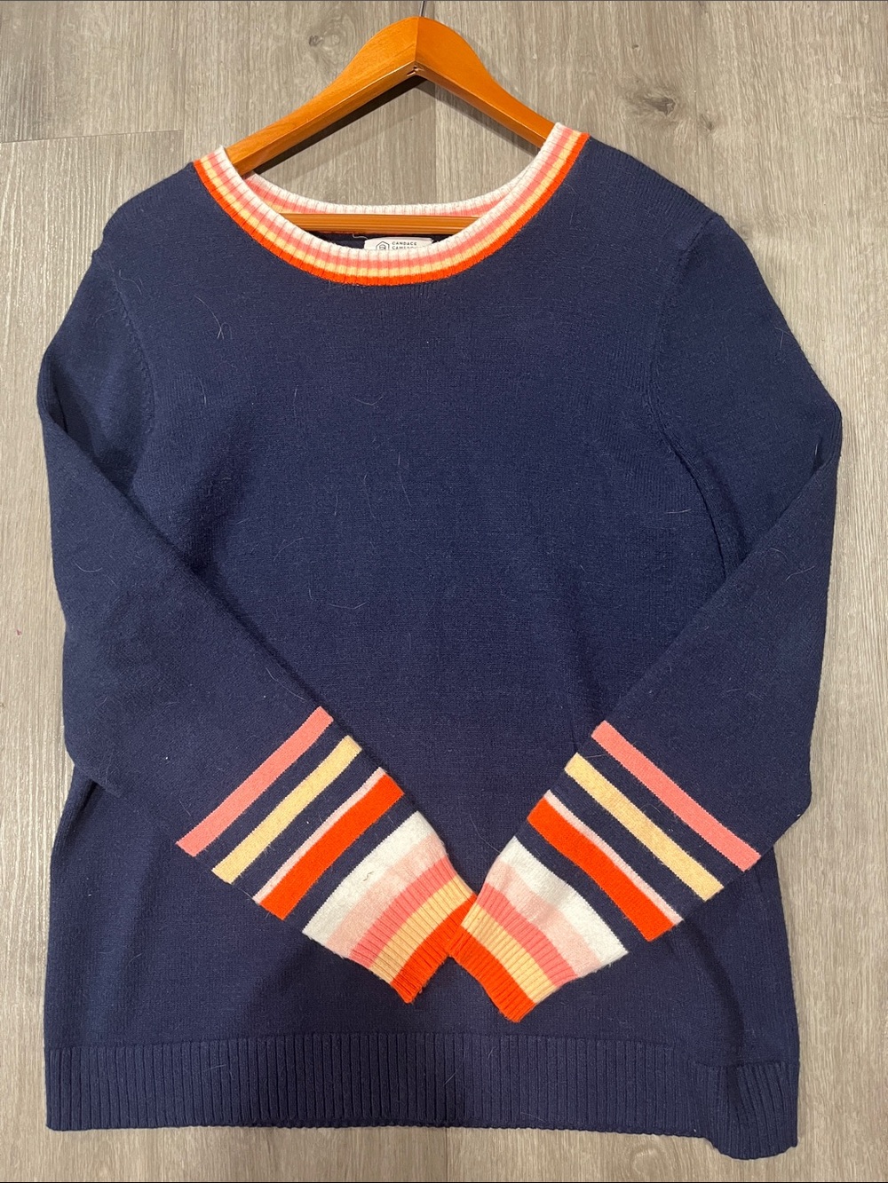 Candace Cameron Bure Navy Sweater with Coral and Pink Trim